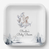 Winter Woodland Owl Moderne Script Baby Dusche Pappteller (Vorderseite)