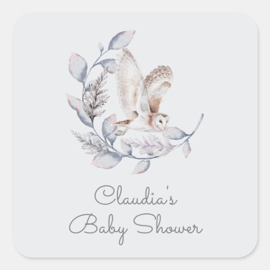 Winter Woodland Owl Moderne Script Baby Dusche Quadratischer Aufkleber (Vorderseite)