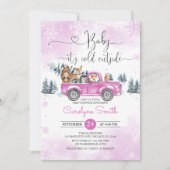 Winter Woodland Pink Truck Kinderdusche Einladung (Vorderseite)