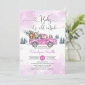 Winter Woodland Pink Truck Kinderdusche Einladung (Stehend Vorderseite)