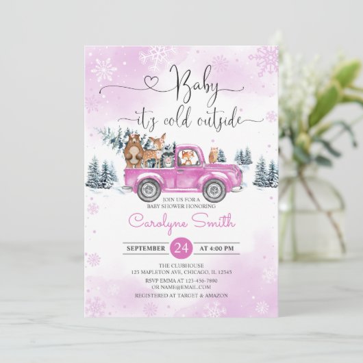 Winter Woodland Pink Truck Kinderdusche Einladung (Stehend Vorderseite)