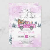 Winter Woodland Pink Truck Kinderdusche Einladung (Vorne/Hinten)