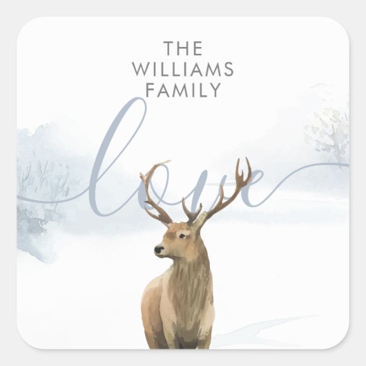 Winter Woodland Scene Stag Quadratischer Aufkleber (Vorderseite)