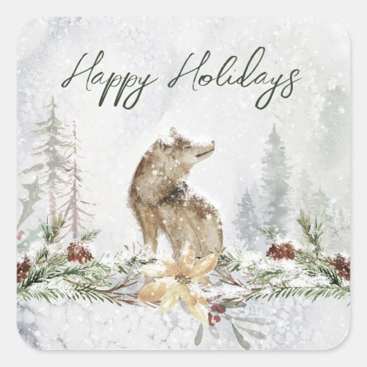 Winter Woodland Scene Wolf Weihnachtssticker Quadratischer Aufkleber (Vorderseite)