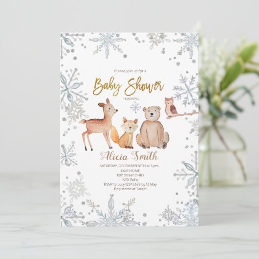 Winter Woodland Silver Baby Dusche Einladung (Stehend Vorderseite)