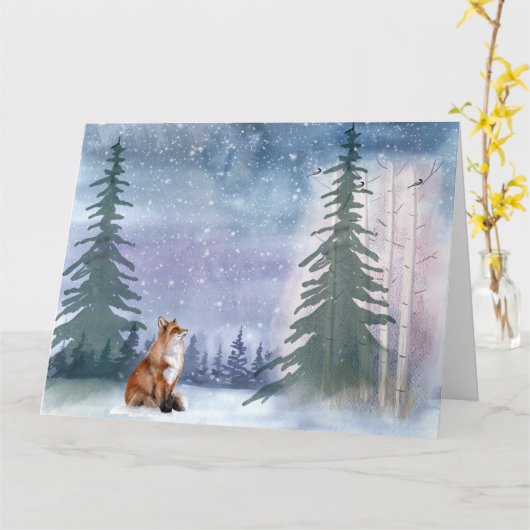 Winter Woodland Snowy Fox & Bird Karte (Gelbe Blume)