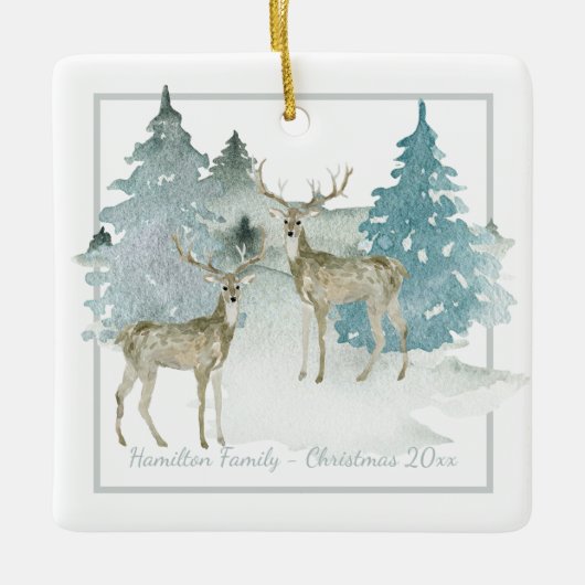 Winter Woodland Stag Deg Personalisiert Weihnachte Keramikornament (Vorderseite)