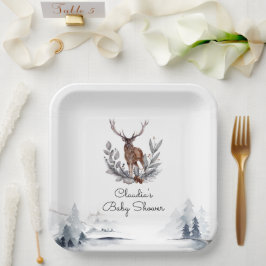 Winter Woodland Stag Moderne Script Baby Dusche Pappteller