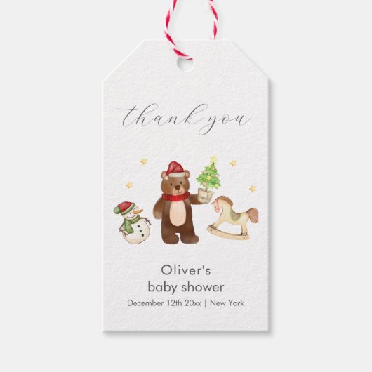 Winter Woodland Teddy Bear Snowman Baby Shower Geschenkanhänger (Vorderseite)
