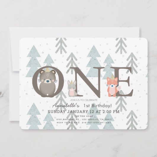 Winter Woodland Tiere 1. Geburtstag Einladung (Vorderseite)