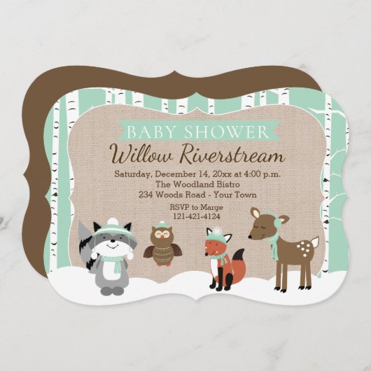 Winter Woodland Tiere Die Mint Babydusche schneide Einladung (Vorne/Hinten)