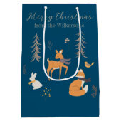 Winter Woodland Tiere Folk Art Blue Weihnachten Mittlere Geschenktüte (Rückseite)