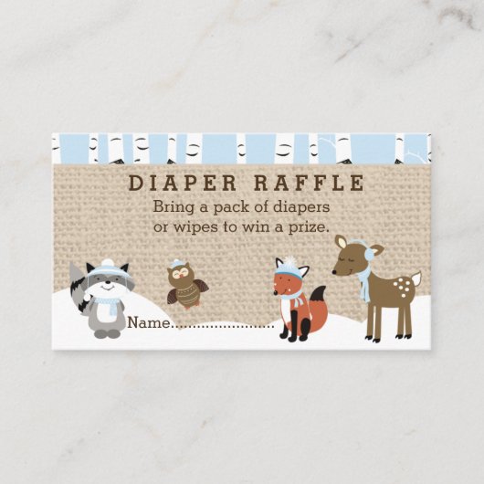Winter Woodland Tiere Windeln Raffle Cards blau Begleitkarte (Vorderseite)