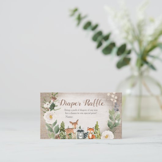 Winter Woodland Windeln Raffel Weiße Blüte Begleitkarte (Stehend Vorderseite)