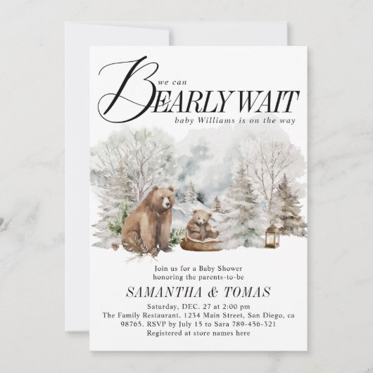 Winter Woodland wir können frühes Abwarten Baby Du Einladung (Vorderseite)