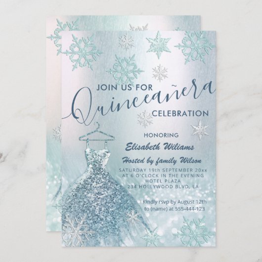 Winter Wunderland blaues Kleid glitterombre Einladung (Vorne/Hinten)