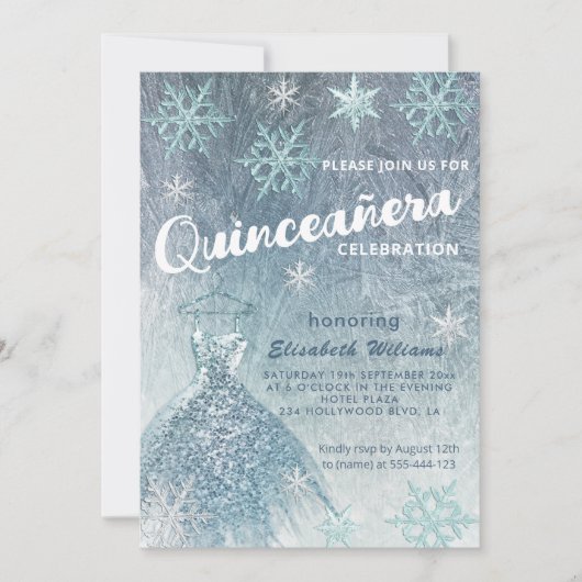 Winter Wunderland blaues Kleid glittery Quinceañer Einladung (Vorderseite)