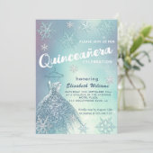 Winter Wunderland blaues Kleid glittery Quinceañer Einladung (Stehend Vorderseite)