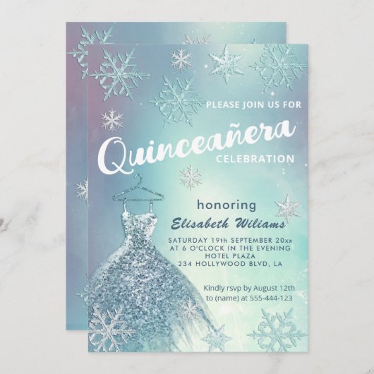 Winter Wunderland blaues Kleid glittery Quinceañer Einladung (Vorne/Hinten)