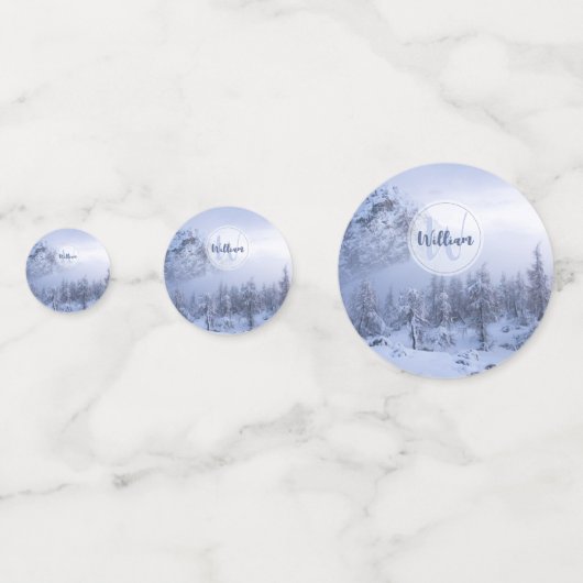 Winter Wunderland Nebel Fichtenwald Schneemonogram Konfetti (Rückseiten)