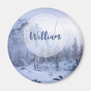 Winter Wunderland Nebel Fichtenwald Schneemonogram Magnet