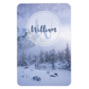 Winter Wunderland Nebel Fichtenwald Schneemonogram Magnet