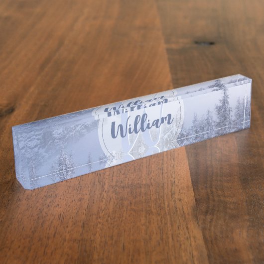 Winter Wunderland Nebel Fichtenwald Schneemonogram Namensplakette (Seite)