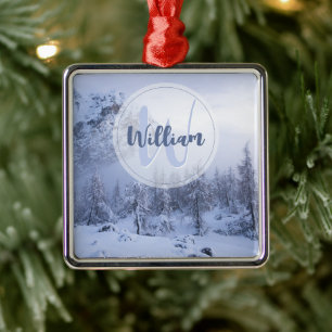 Winter Wunderland Nebel Fichtenwald Schneemonogram Ornament Aus Metall