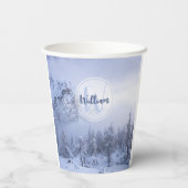 Winter Wunderland Nebel Fichtenwald Schneemonogram Pappbecher (Rückseite)