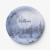 Winter Wunderland Nebel Fichtenwald Schneemonogram Pappteller (Vorderseite)