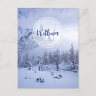 Winter Wunderland Nebel Fichtenwald Schneemonogram Postkarte