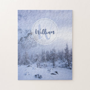 Winter Wunderland Nebel Fichtenwald Schneemonogram Puzzle