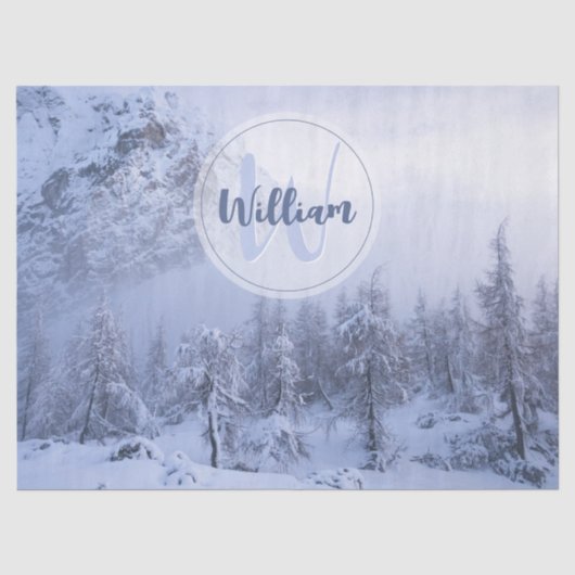 Winter Wunderland Nebel Fichtenwald Schneemonogram Seidenpapier (Vorderseite)