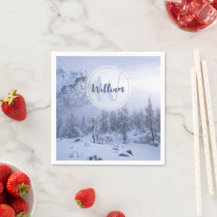 Winter Wunderland Nebel Fichtenwald Schneemonogram Serviette