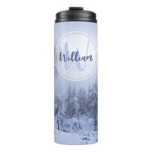 Winter Wunderland Nebel Fichtenwald Schneemonogram Thermosbecher