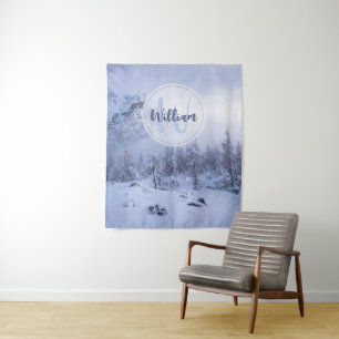 Winter Wunderland Nebel Fichtenwald Schneemonogram Wandteppich