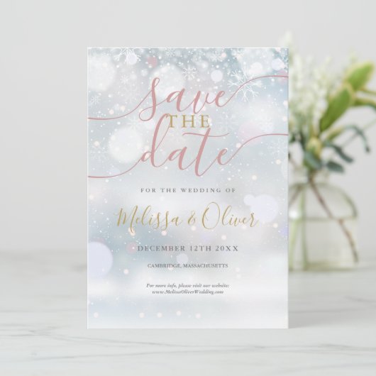 Winter Wunderland Rosa und Gold Save The Date (Stehend Vorderseite)