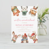 Winter Wunderschöne Waldtiere Geburtstagsparty Einladung (Stehend Vorderseite)