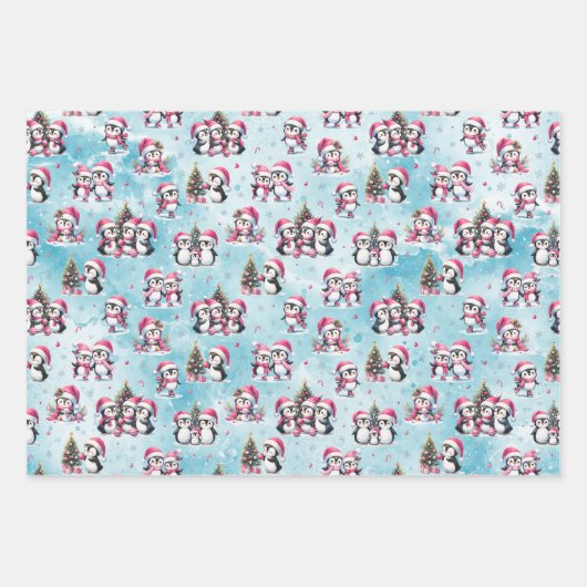 Winter Xmas Blau und Rosa Niedliche Pinguine Weihn Geschenkpapier Set (Vorderseite 2)