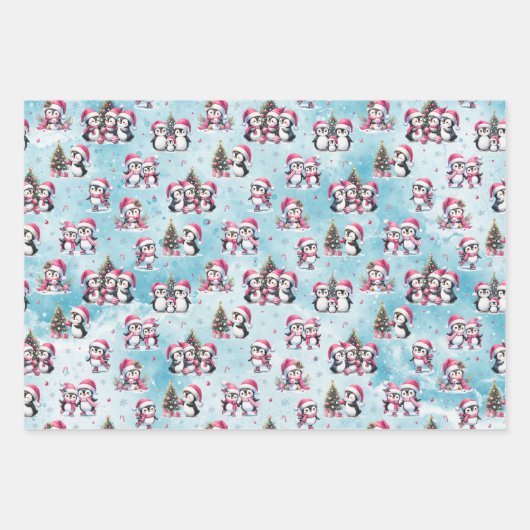 Winter Xmas Blau und Rosa Niedliche Pinguine Weihn Geschenkpapier Set (Vorderseite)