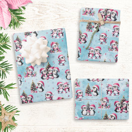 Winter Xmas Blau und Rosa Niedliche Pinguine Weihn Geschenkpapier Set