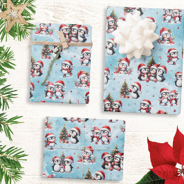 Winter Xmas Niedliche Pinguine Blau und Rot Weihna Geschenkpapier Set