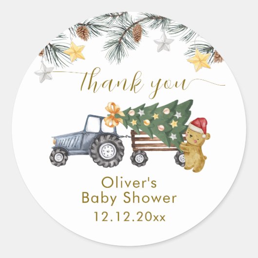 Winter X'mas Tree Tractor Bear Baby Shower  Runder Aufkleber (Vorderseite)