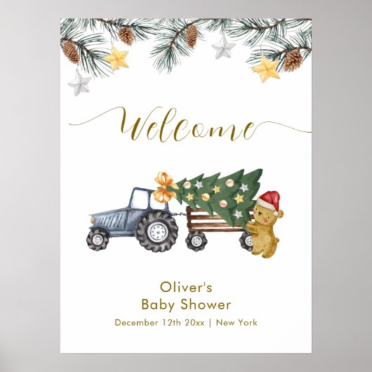 Winter X'mas Tree Tractor Bear Baby Shower Welcome Poster (Vorne)