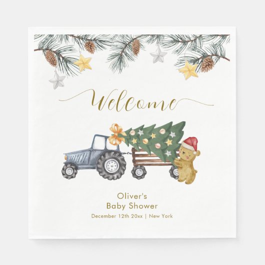 Winter X'mas Tree Tractor Bear Baby Shower Welcome Serviette (Vorderseite)