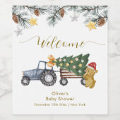 Winter X'mas Tree Tractor Bear Baby Shower Welcome Weinetikett (Einzelnes Label)