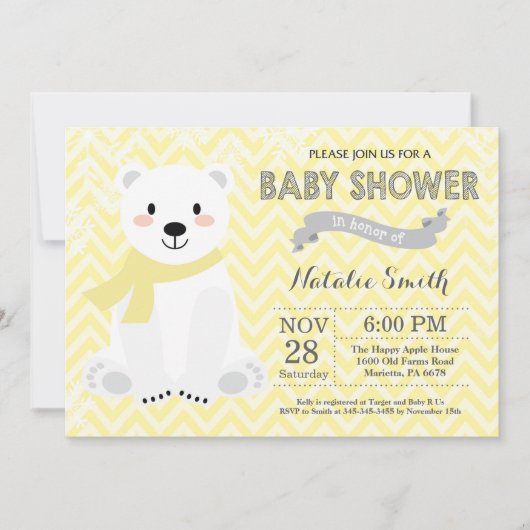 Winter Yellow Polar Bear Babydusche Einladung (Vorderseite)