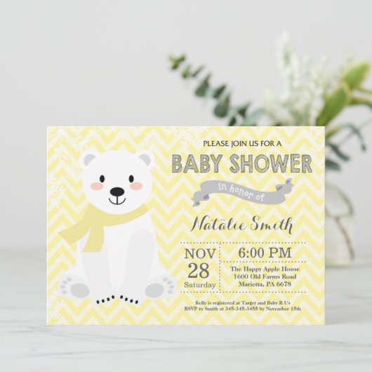Winter Yellow Polar Bear Babydusche Einladung (Stehend Vorderseite)