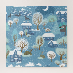 Winterabend Vintage Dorfmitte Puzzle