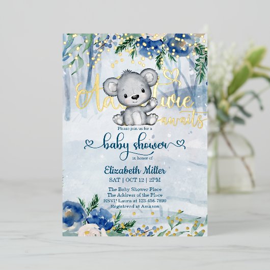 Winterabenteuer wartet auf eine Baby-Dusche aus de Folieneinladung (Stehend vorne)